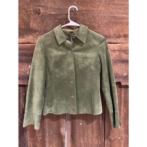 Luxury women’s green leather coat by Danier leather. Button front. Petite 0-2